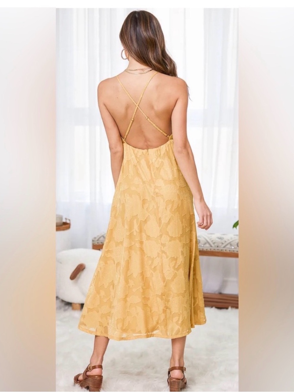 Lulu’s Philosophy of Beauty Burnout Floral Midi Dress MEDIUM Mustard Yellow - Picture 6 of 6